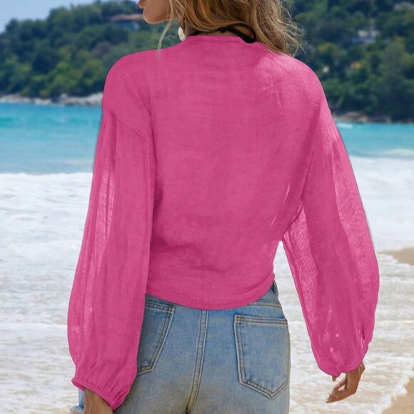 Hot Pink Women's Beachy Tie Front Drop Shoulder Kimono - Picture 6 of 7